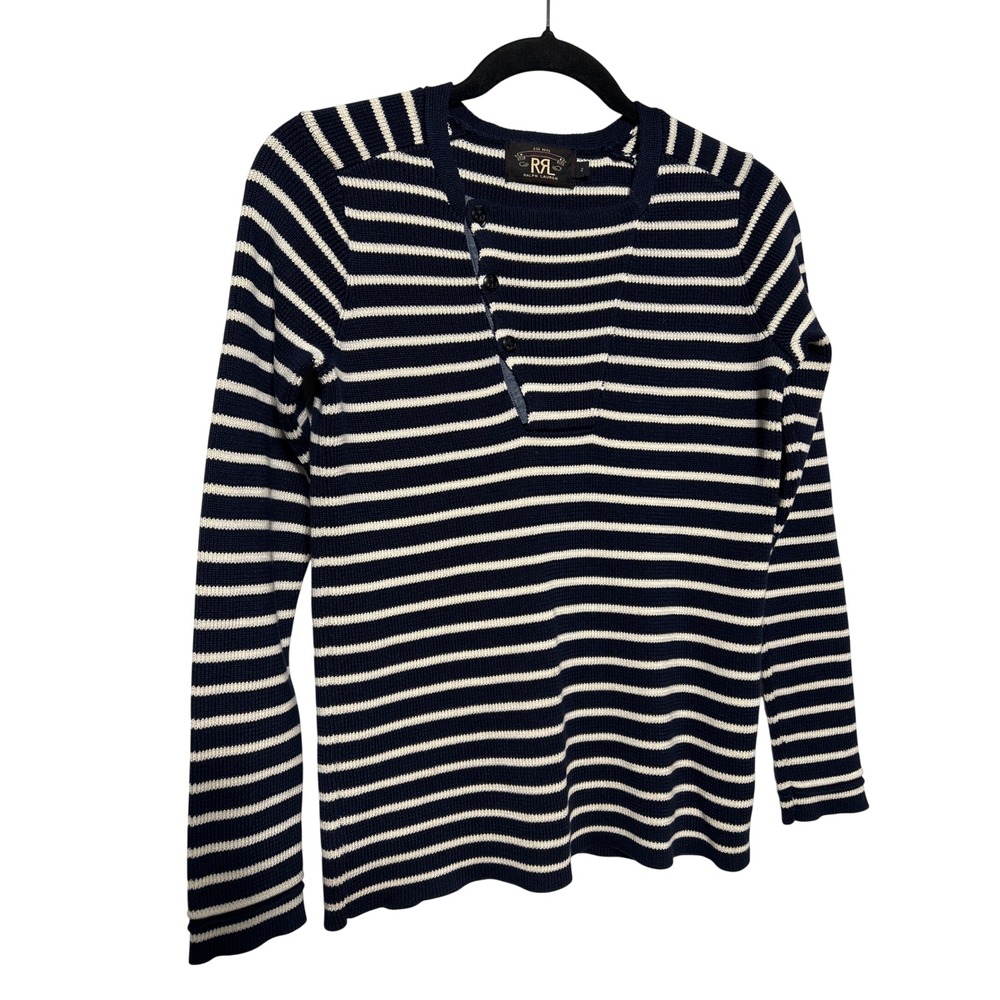 Double RRL Ralph Lauren Striped Henley Knit‎ Sweater Navy Cream Women Size 2 EUC